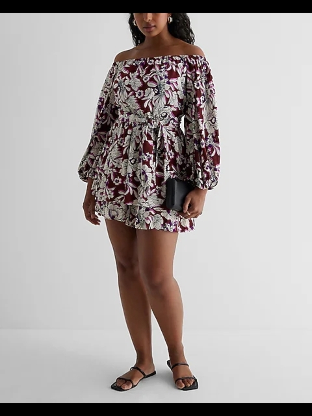 Express Floral Off The Shoulder Tie Waist Ruffle Romper, XL